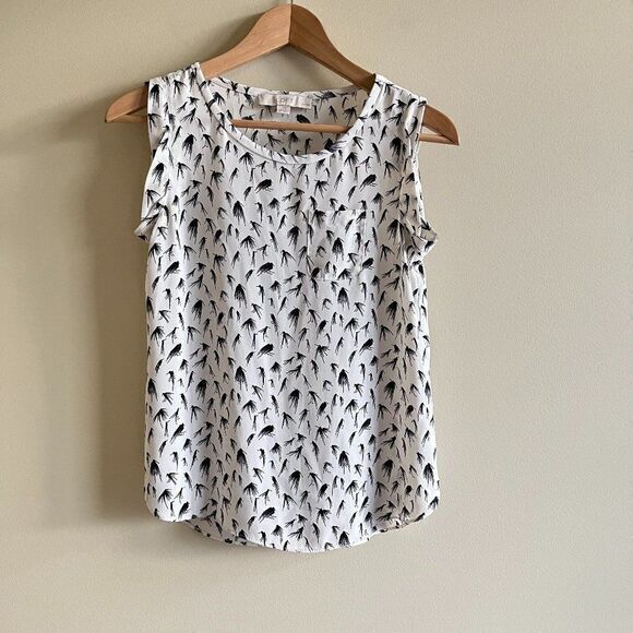 LOFT‎ ANN TAYLOR SEMI SHEER TANK TOP BLOUSE BIRD PRINT BLACK IVORY WOMENS… - Picture 1 of 6